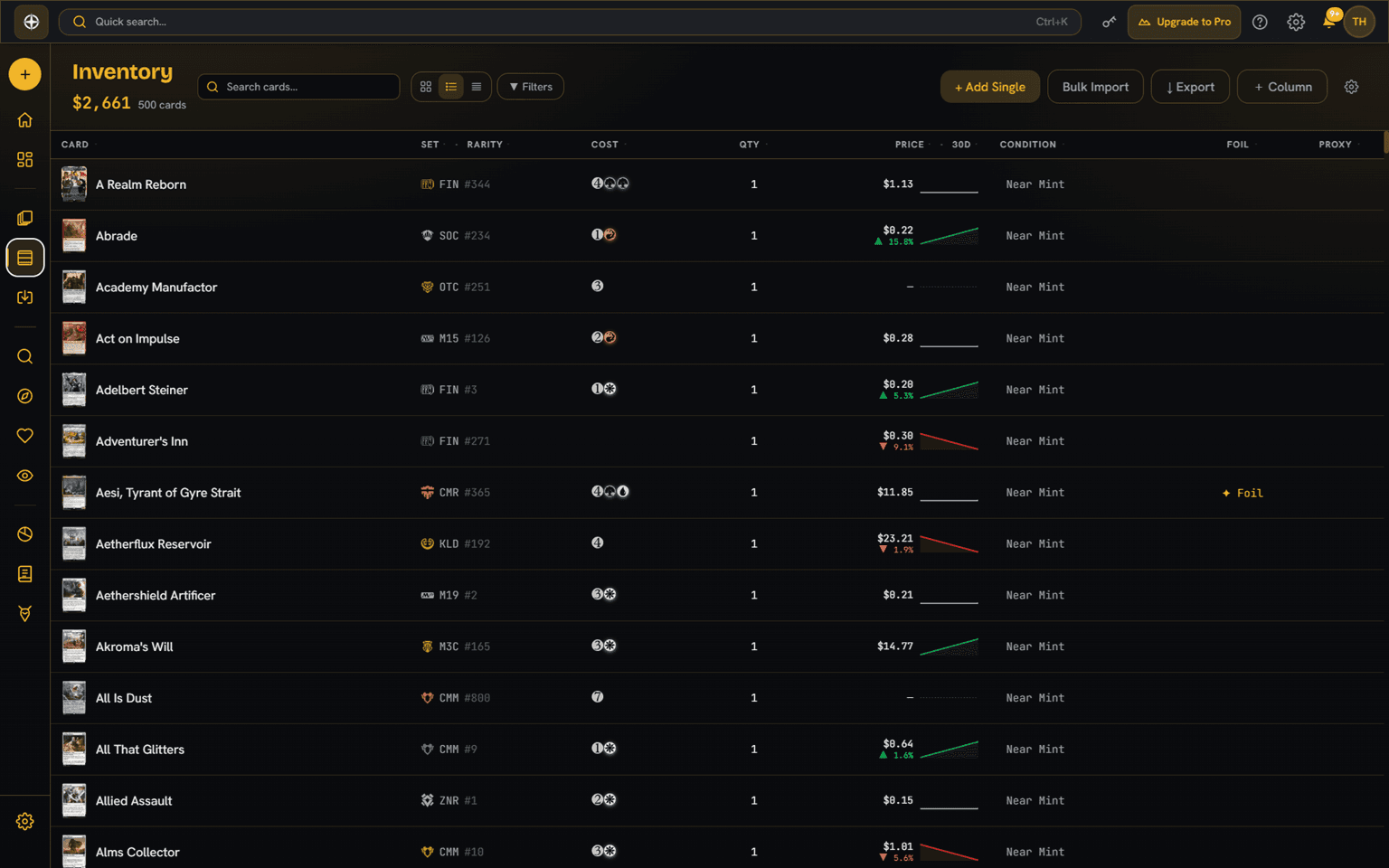 Inventory grid with in-use flags on owned cards